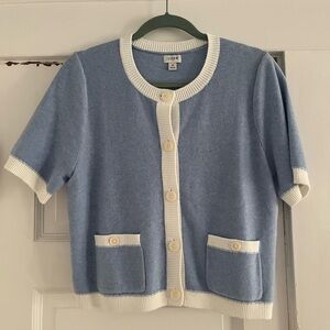 J. Crew Light Blue and Cream Short Sleeve Cotton Cardigan